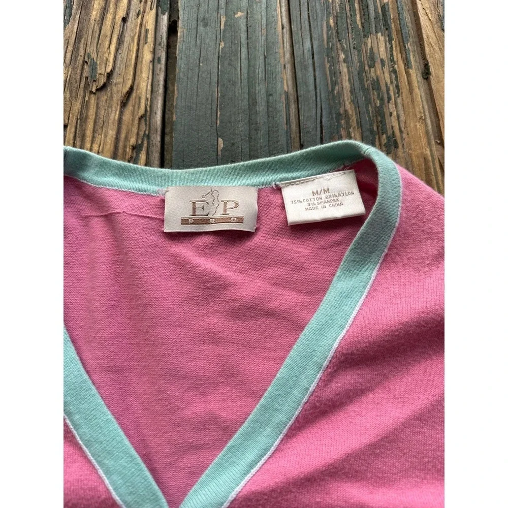 EP Pro Pink Mint Green Trim V-Neck‎ Golf Cardigan Sweater Womens Medium